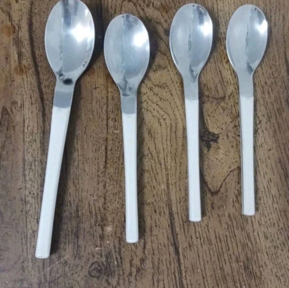 Encased Handle Stainless Steel Spoons flatware Vintage White 4 Spoons Cutlery